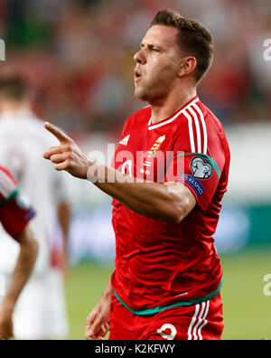 Budapest, Ungheria. Il 31 agosto, 2017. Adam Szalai di Ungheria celebra il suo obiettivo durante il 2018 FIFA World Cup Qualifier match tra Ungheria e Lettonia a Groupama Arena il Agosto 31, 2017 a Budapest, Ungheria. Credito: Laszlo Szirtesi/Alamy Live News Foto Stock