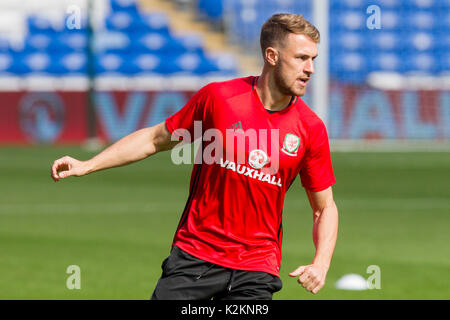 Cardiff Wales, Regno Unito, 1 settembre 2017. Aaron Ramsey del Galles durante il corso di formazione a Cardiff City Stadium prima della Coppa del Mondo FIFA 2018 match di qualificazione contro l'Austria. Credito: Mark Hawkins/Alamy Live News Foto Stock