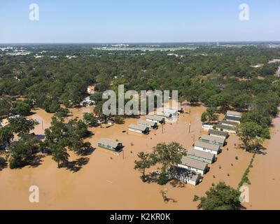 Wharton, Stati Uniti. 31 Agosto, 2017. Le acque di esondazione dopo il passaggio dell uragano Harvey circondano le case in una suddivisione 31 Agosto 2017 in Wharton, Texas. Credito: Planetpix/Alamy Live News Foto Stock
