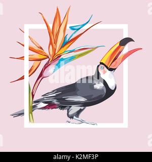 Toucan con fiori tropicali strelitzia. Elemento per la progettazione di inviti, poster, tessuti e altri oggetti. Isolato su bianco. Illustrazione Vettoriale