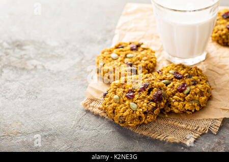 La prima colazione i fiocchi d'avena i biscotti con purea di zucca, il mirtillo palustre e semi con latte Foto Stock