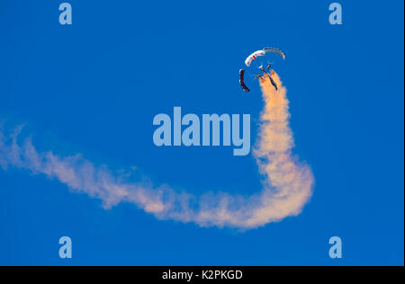 Bournemouth, Regno Unito. 31 Agosto, 2017. Le Tigri Freefall Parachute Team aperto il decimo anniversario del Bournemouth Air Festival davanti a flying più tardi questo pomeriggio. 3 Tre paracadutisti con i loro paracadute tettoie contro il cielo blu. Credito: Carolyn Jenkins/Alamy Live News Foto Stock