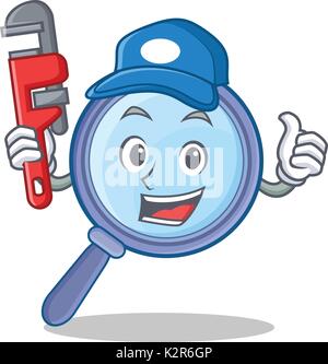 Plumber lente di ingrandimento carattere cartoon Illustrazione Vettoriale