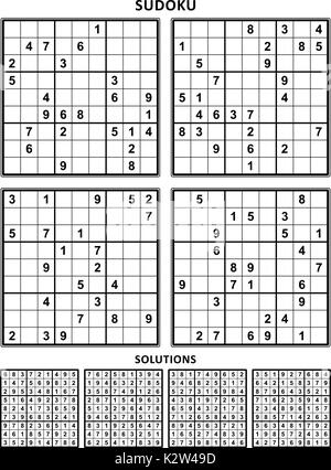 Quattro puzzle di sudoku di confortevoli (facile, ma ancora non molto facile) livello adatto per grandi libri di stampa, incluse le risposte. Set 8. Illustrazione Vettoriale