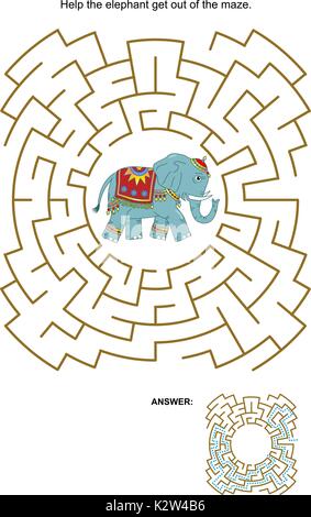 Gioco labirinto o pagina di attività: aiutare l'elefante uscire dal labirinto. Risposta inclusa. Illustrazione Vettoriale