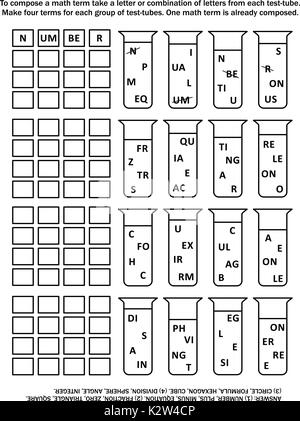 Gioco di parole: comporre quattro termini matematici per ciascun gruppo di provette prelevando una lettera o una combinazione di lettere da parte di ciascun tubo. Risposta inclusa. Illustrazione Vettoriale