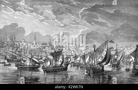 La flotta dei crociati di fronte a Costantinopoli durante la Quarta Crociata nel 1203, Riva del fiume, Turchia Foto Stock