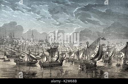 La flotta dei crociati di fronte a Costantinopoli durante la Quarta Crociata nel 1203, Riva del fiume, Turchia Foto Stock