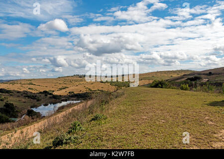 Inverno secco prateria e diga contro di colline e valli blu cielo nuvoloso paesaggio in Sud Africa Foto Stock