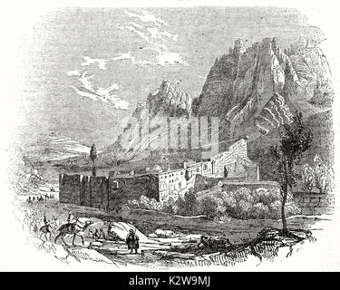 Vista vecchia di Santa Caterina il monastero e il Monte Sinai in background. Da autore non identificato, pubblicato sulla rivista Penny, London, 1835 Foto Stock