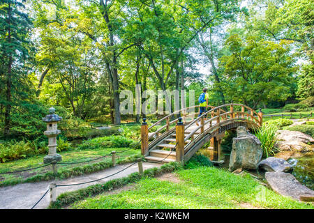 Ponte di legno in Giardini Giapponesi, Maymont station wagon, Richmond, Virginia. Foto Stock