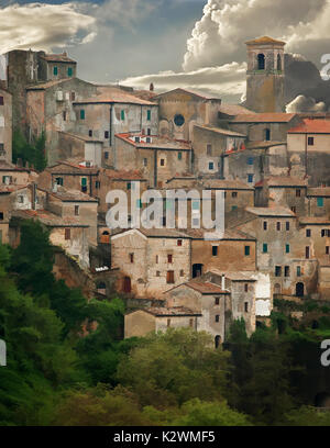 SORANO è un classico del XIV secolo la città di collina nella bellissima campagna toscana. L'architettura si tuffa pietra proveniente dalle cave locali. Foto Stock