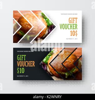 Il design del vettore gift voucher con frecce per l'immagine. Universal bianco e nero modello flyer per la pubblicità di cibo. Foto sfocata per un esempio. Illustrazione Vettoriale