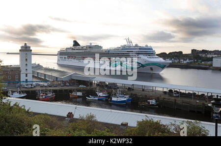 La nave di crociera Jade norvegese entra nel Tyne dal Mare del Nord e passa North Shields Fish Quay. Foto Stock