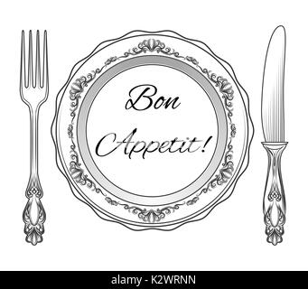 Bon appetit. Piastra forcella e lama. Illustrazione Vettoriale Illustrazione Vettoriale