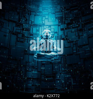 Meditando astronauta concetto / 3D illustrazione della astronauta in lotus pongono sotto il fascio di luce Foto Stock