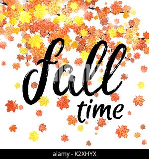 Tempo di autunno lettering banner. Caduta stagionale poster con trama disegnata a mano tipografia e foglie colorate su sfondo bianco. Colorata illustrazione vettoriale. Illustrazione Vettoriale