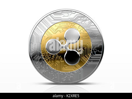 Un ripple fisico, cryptocurrency in oro e argento sotto forma di monete al buio su un sfondo per studio- 3D render Foto Stock