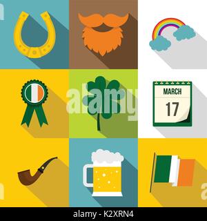 Saint Patrick day icona impostare, stile piatto Illustrazione Vettoriale