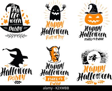 Happy Halloween, scritte. Holiday, biglietto di auguri o etichetta logo. Illustrazione Vettoriale Illustrazione Vettoriale