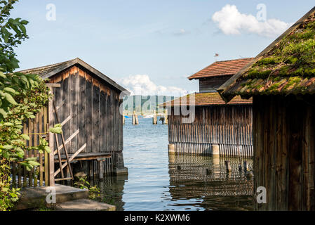 Boathouses a Diessen am Ammersee, Baviera, Germania Foto Stock