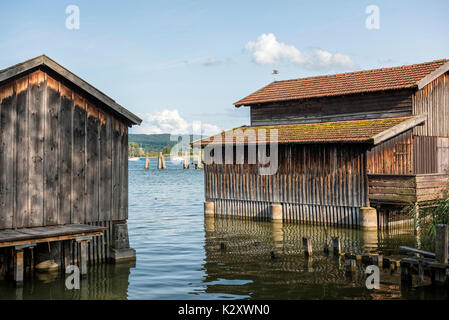 Boathouses a Diessen am Ammersee, Baviera, Germania Foto Stock