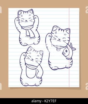 Carino gatti giapponese schizzo impostato Illustrazione Vettoriale