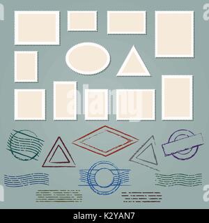 Retrò vettore francobollo collezione di cornici e gomma post etichette postali. Vintage annulli postali e francobolli postali per il design della Postcard Illustrazione Vettoriale