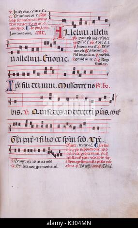 Manoscritto illuminato pagina della musica da "Incipit antiphonarium nocturnum, ' del XV secolo ha un antifonario latina da parte della Chiesa Cattolica, 2013. Foto Stock