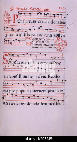 Manoscritto illuminato pagina della musica, dal "Incipit comune sanctorum, In uigilia Apostolorum annuncio uesperas, ' un quindicesimo e sedicesimo secolo antifonario latina della Chiesa Cattolica, 2013. Foto Stock