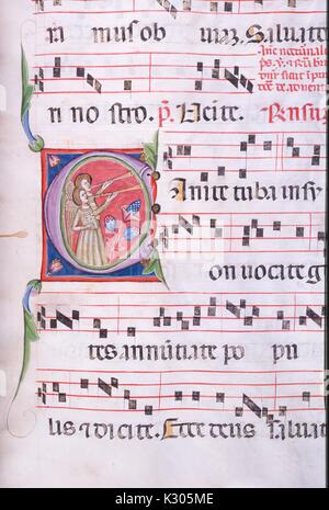 Manoscritto illuminato pagina della canzone con angeli suonano le corna, dal "Incipit antiphonarium nocturnum, ' del XV secolo ha un antifonario latina da parte della Chiesa Cattolica, 2013. Foto Stock