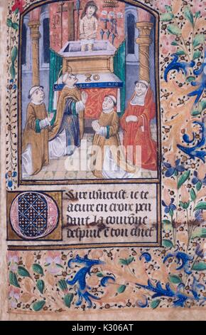 Manoscritto illuminato dalla pagina 'Horae Beatae Virginis' con santi pregando, 1300. Foto Stock