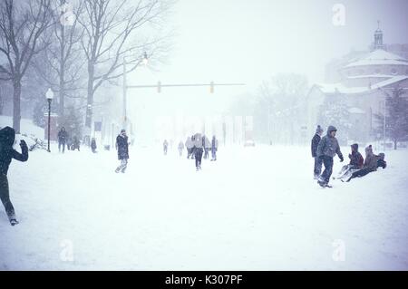 Molti studenti si mescolano e giocare su Charles Street coperto di neve durante una giornata sulla neve alla Johns Hopkins University, Baltimora, Maryland, 2016. Foto Stock