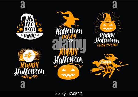 Halloween set di icone o simboli. Lettere manoscritte, calligrafia illustrazione vettoriale Illustrazione Vettoriale