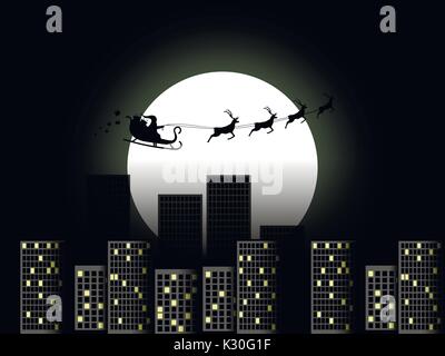 Santa Claus in una slitta in una renna sleigh volando sopra la città. Santa Claus in una slitta su uno sfondo della luna. Illustrazione Vettoriale. Illustrazione Vettoriale