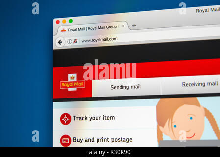 LONDON, Regno Unito - 7 AGOSTO 2017: la homepage del sito ufficiale della Royal Mail - il servizio postale e di corriere espresso nel Regno Unito, il 7 Agost Foto Stock