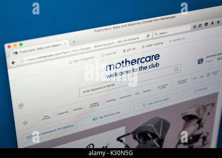 LONDON, Regno Unito - 10 AGOSTO 2017: la homepage del sito web ufficiale per i Mothercare, il rivenditore inglese specializzata in prodotti per la madre in attesa Foto Stock