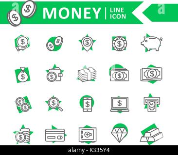 Set di vettore banca e denaro le icone della linea. Coin, in contanti, carta di credito, bancomat, diamont, portafogli, oro, deposito, portamonete, piggy, diamante, Dollar, borsa e altro ancora. Corsa modificabile. Illustrazione Vettoriale
