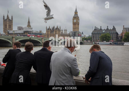 Come un gabbiano vola overhead, giovani uomini che indossano tute guardare fuori attraverso il Fiume Tamigi verso le case del parlamento di Westminster, il 21 agosto 2017, a Londra, in Inghilterra. Foto Stock