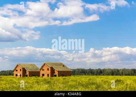 Due moderne case in costruzione nel campo verde in una giornata di sole Foto Stock