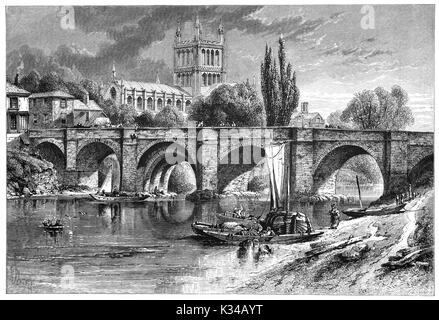 1870: attività fluviale sul fiume Wye al di sotto del ponte di Wye con la Cattedrale di Hereford al di là. Esso risale al 1079 e il suo più famoso tesoro è Mappamondo, una mappa medievale del mondo risalente al XIII secolo. Herefordshire, Inghilterra. Foto Stock