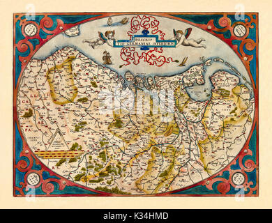 Mappa vecchia di Belgio, Paesi Bassi e Germania in ottimo stato di conservazione. Da Ortelius, Theatrum Orbis Terrarum, Anversa, 1570 Foto Stock