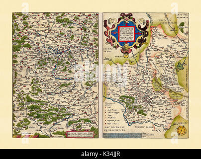 Vecchie carte di Westfalia e in Baviera. Stato di conservazione ottimo realizzato in stile antico. Fianco a fianco composizione grafica. Da Ortelius, Theatrum Orbis Terrarum, Anversa, 1570 Foto Stock