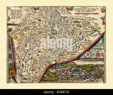 Vecchia mappa della regione di Salisburgo. Stato di conservazione ottimo realizzato in stile antico. Tutta la composizione grafica è all'interno di un telaio. Da Ortelius, Theatrum Orbis Terrarum, Anversa, 1570 Foto Stock