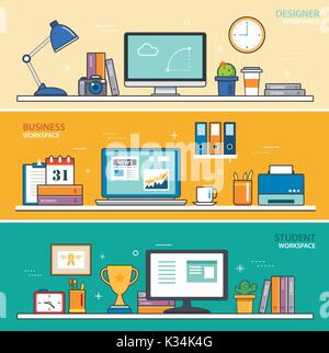 Set di linea sottile design piatto workspace. designer,azienda,studente Illustrazione Vettoriale