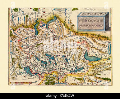 Vecchia cartina della Svizzera. Stato di conservazione ottimo realizzato in stile antico. Tutta la composizione grafica è all'interno di un telaio. Da Ortelius, Theatrum Orbis Terrarum, Anversa, 1570 Foto Stock