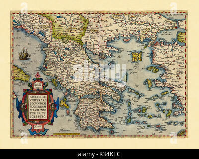 Mappa vecchia della Grecia. Stato di conservazione ottimo realizzato in stile antico. Tutta la composizione grafica è all'interno di un telaio. Da Ortelius, Theatrum Orbis Terrarum, Anversa, 1570 Foto Stock