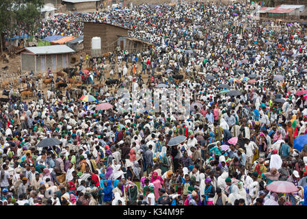 Folli folle al mercato all'aperto tenuto il sabato santo ortodosso etiopico Tewahedo per comprare cibo e celebrare la fine del periodo di quaresima, Lalibela, Amhara, Etiopia Foto Stock