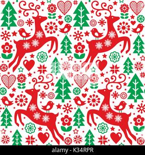 Folk di Natale rosso e verde vettore seamless pattern, Scandinavian folk art, renne, uccelli e fiori Illustrazione Vettoriale