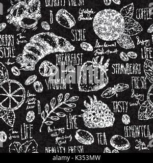 Disegnò la colazione perfetta sfondo con croissant, limone e bacche. Drawned sulla lavagna nera con Chalk. Illustrazione Vettoriale